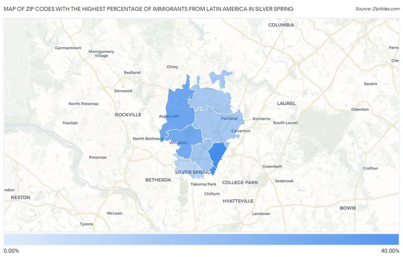 Zip Codes with the Highest Percentage of Immigrants from Latin America in Silver Spring Map