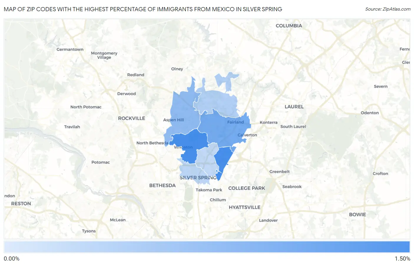 Zip Codes with the Highest Percentage of Immigrants from Mexico in Silver Spring Map