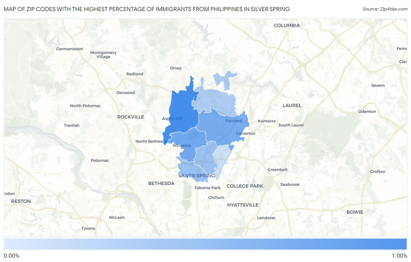 Zip Codes with the Highest Percentage of Immigrants from Philippines in Silver Spring Map