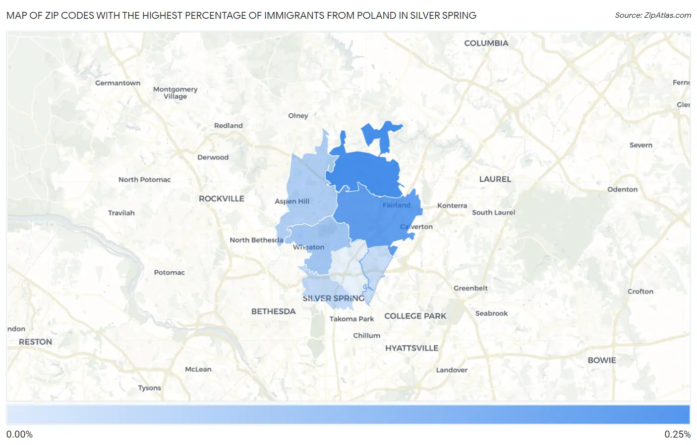 Zip Codes with the Highest Percentage of Immigrants from Poland in Silver Spring Map