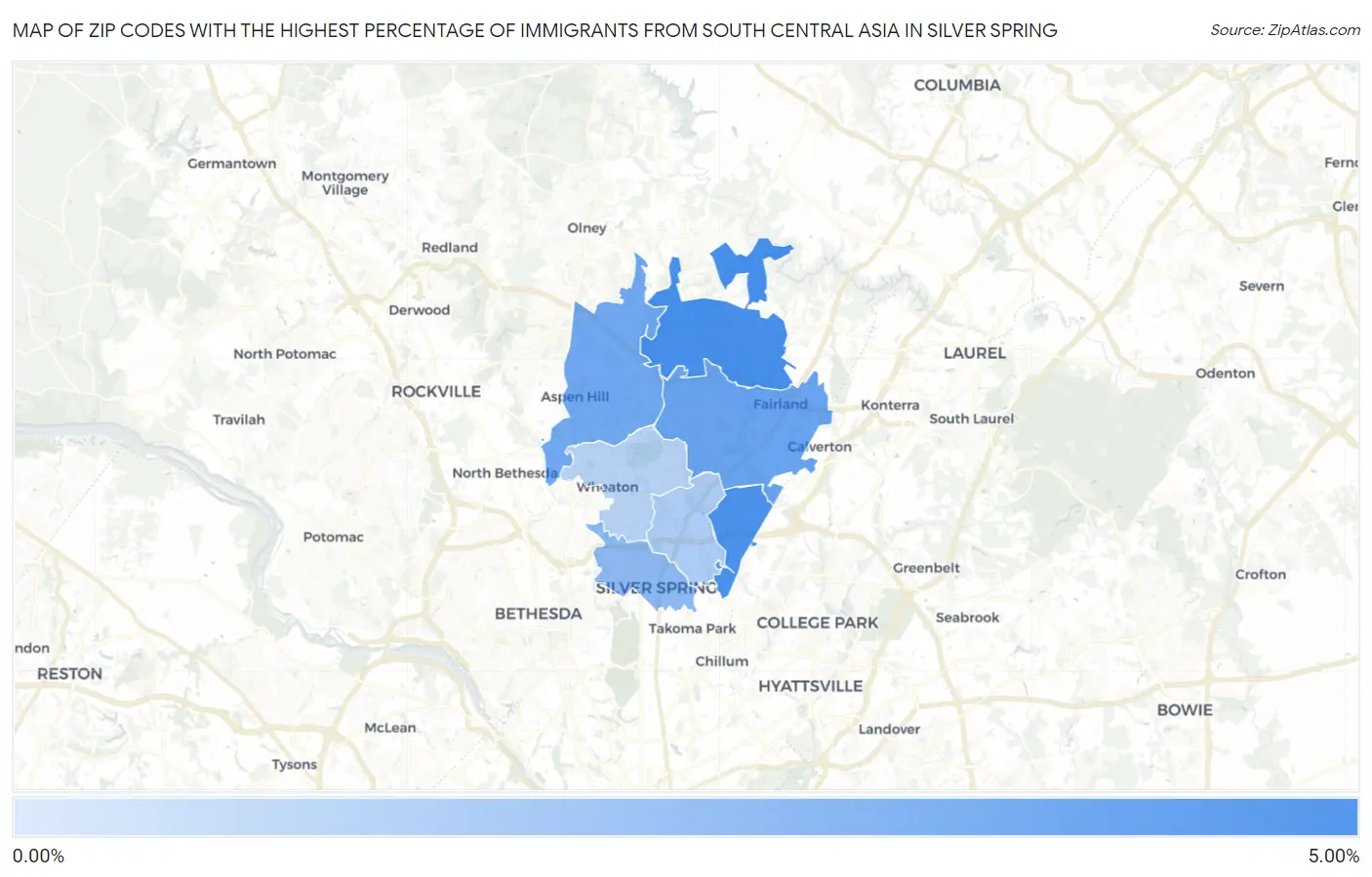 Zip Codes with the Highest Percentage of Immigrants from South Central Asia in Silver Spring Map
