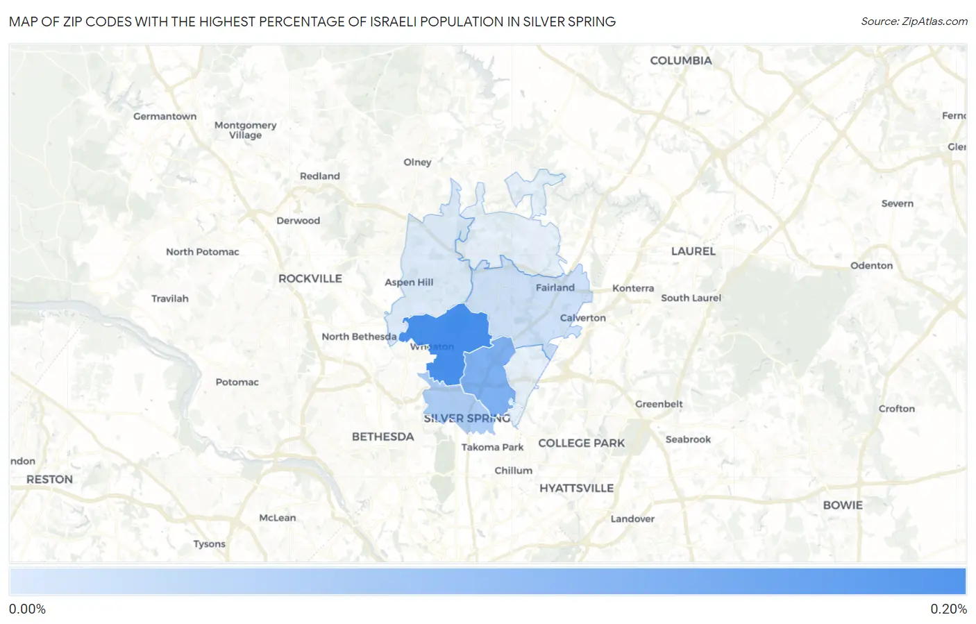 Zip Codes with the Highest Percentage of Israeli Population in Silver Spring Map