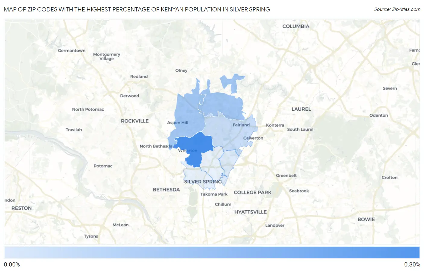 Zip Codes with the Highest Percentage of Kenyan Population in Silver Spring Map
