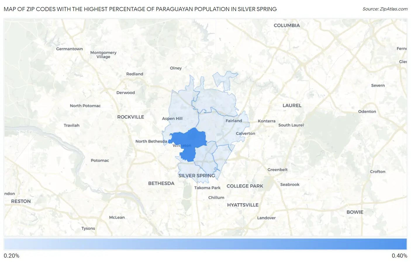 Zip Codes with the Highest Percentage of Paraguayan Population in Silver Spring Map