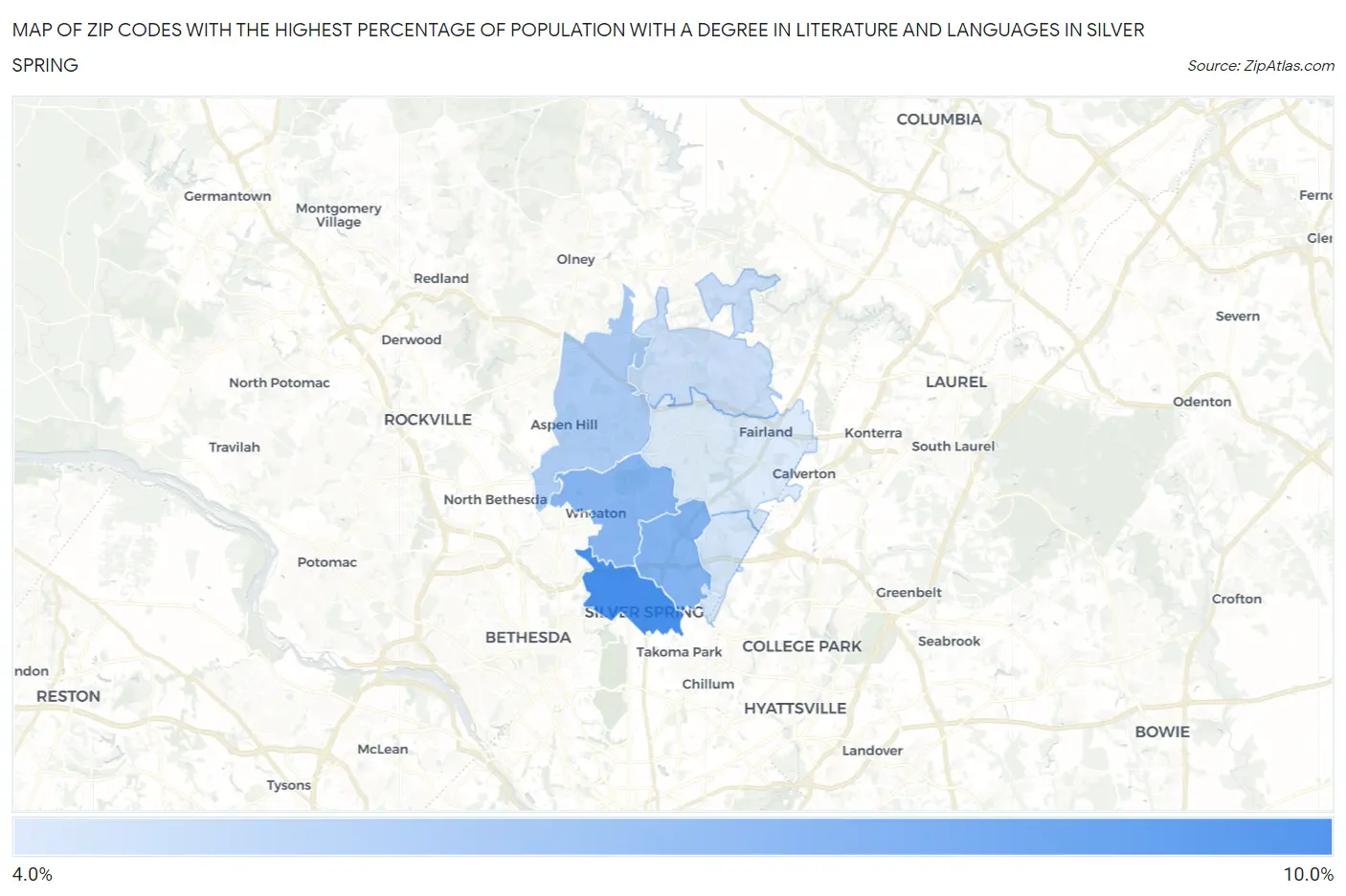 Zip Codes with the Highest Percentage of Population with a Degree in Literature and Languages in Silver Spring Map