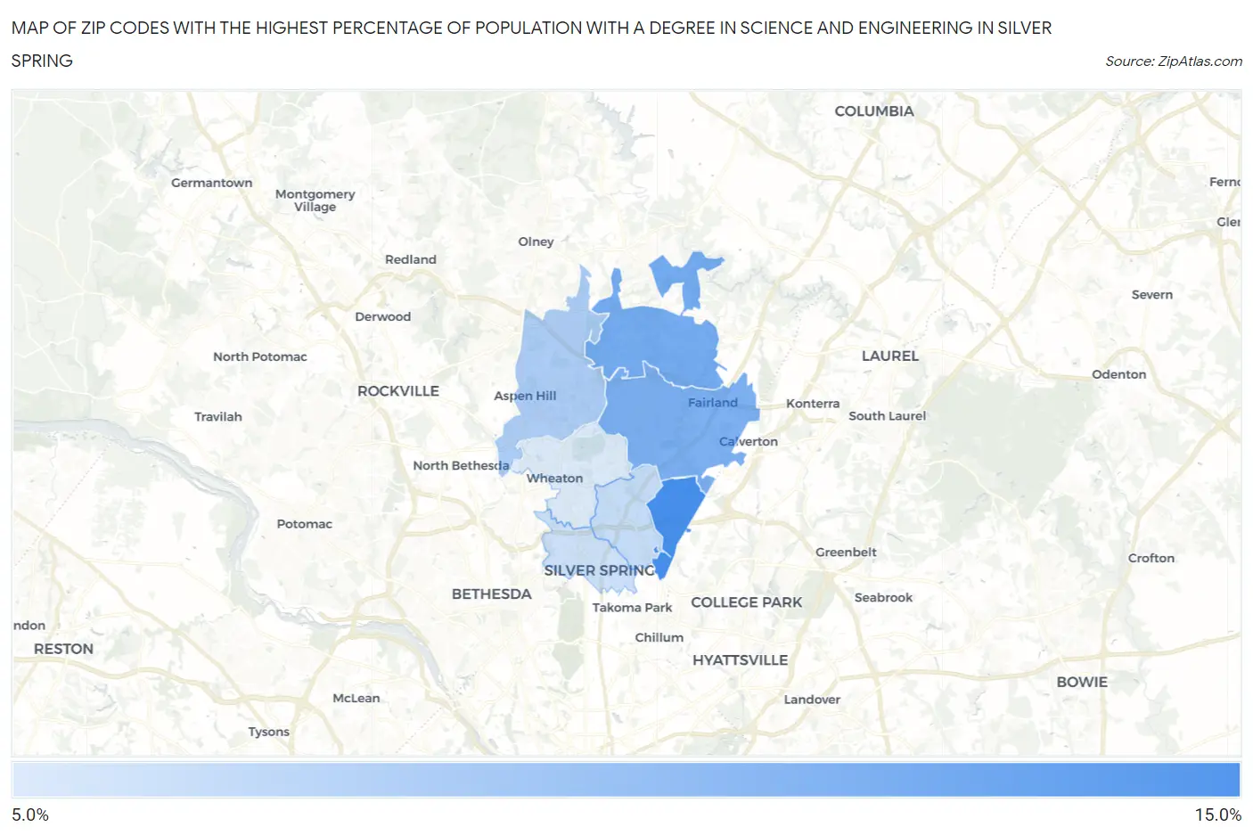 Zip Codes with the Highest Percentage of Population with a Degree in Science and Engineering in Silver Spring Map