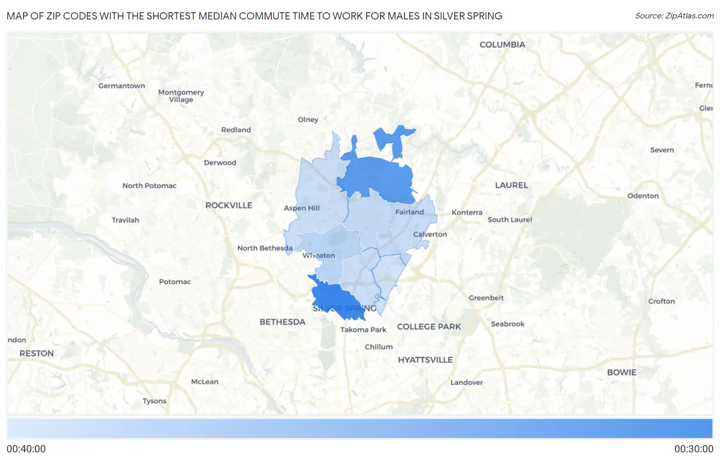 Zip Codes with the Shortest Median Commute Time to Work for Males in Silver Spring Map