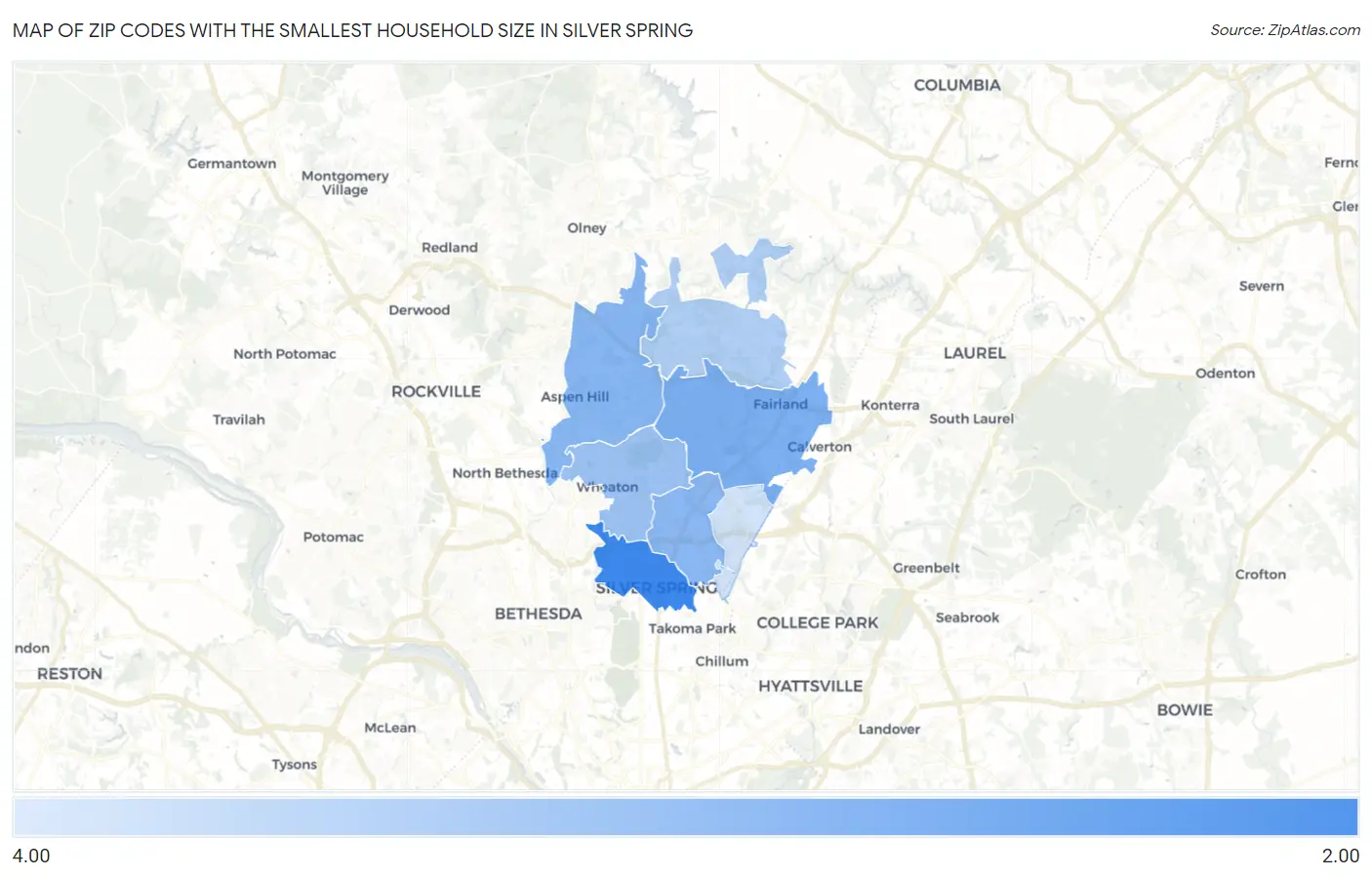 Zip Codes with the Smallest Household Size in Silver Spring Map