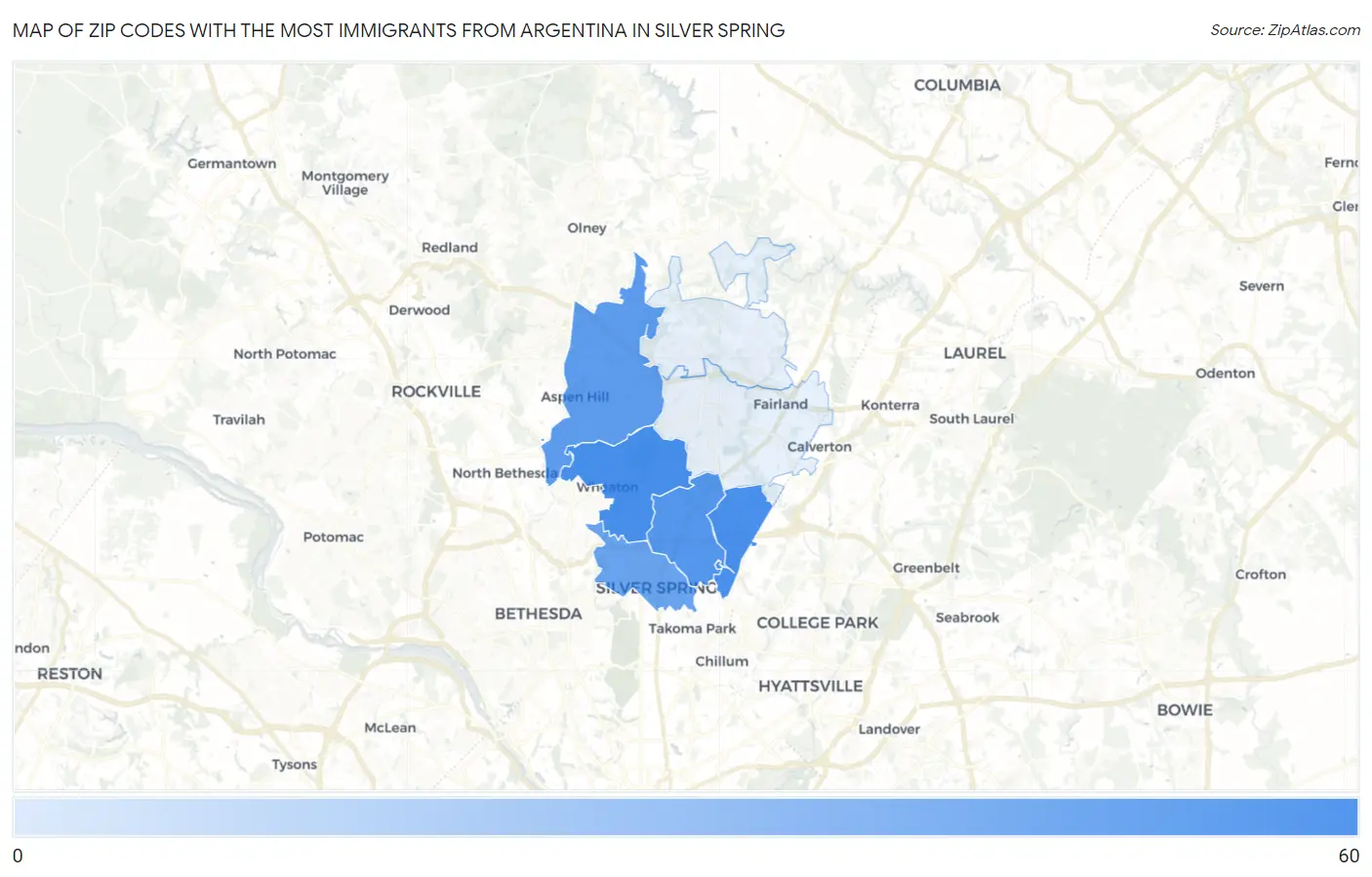 Zip Codes with the Most Immigrants from Argentina in Silver Spring Map