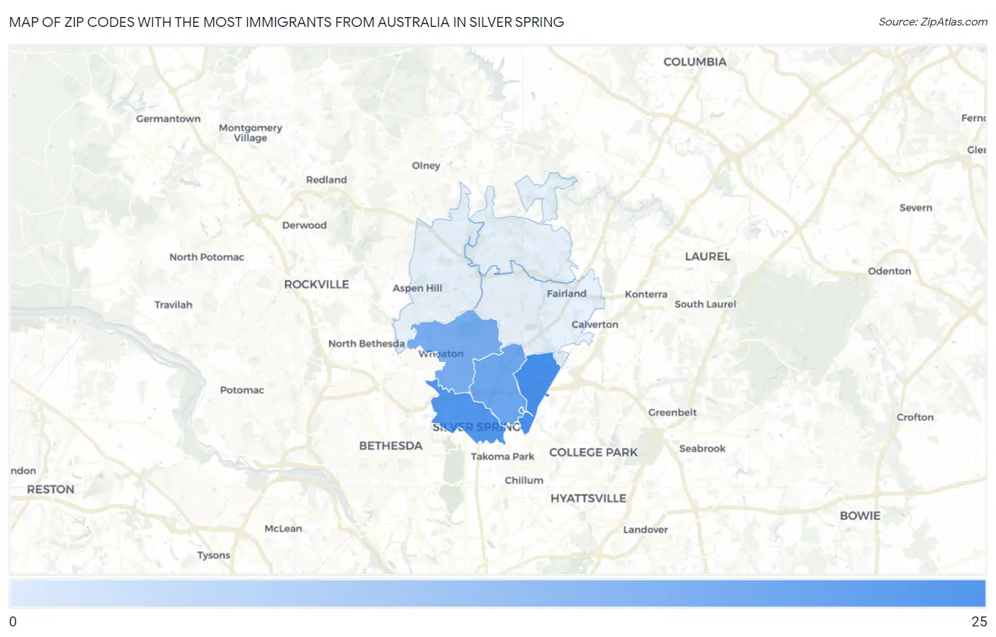 Zip Codes with the Most Immigrants from Australia in Silver Spring Map