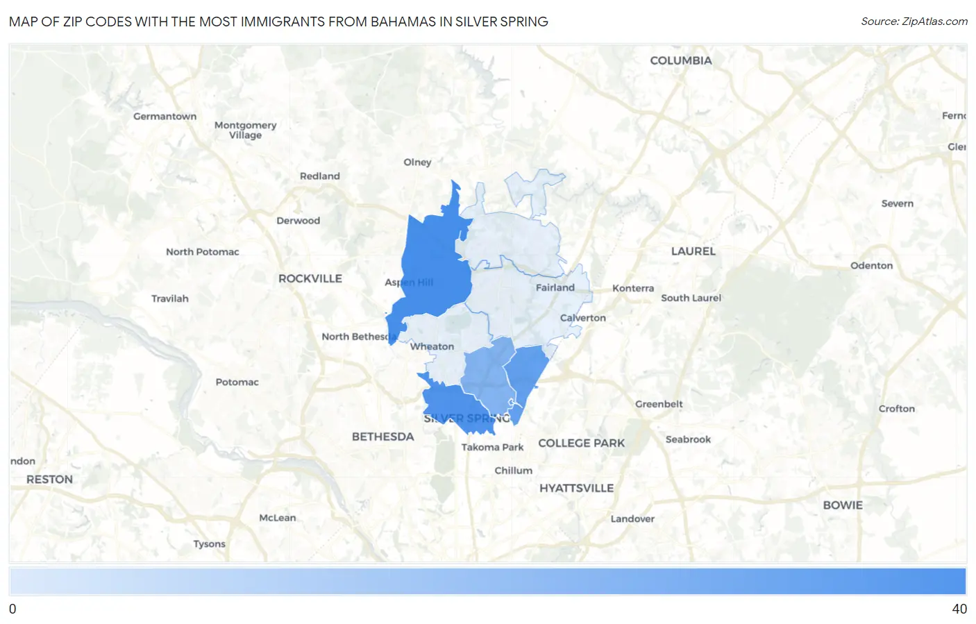Zip Codes with the Most Immigrants from Bahamas in Silver Spring Map