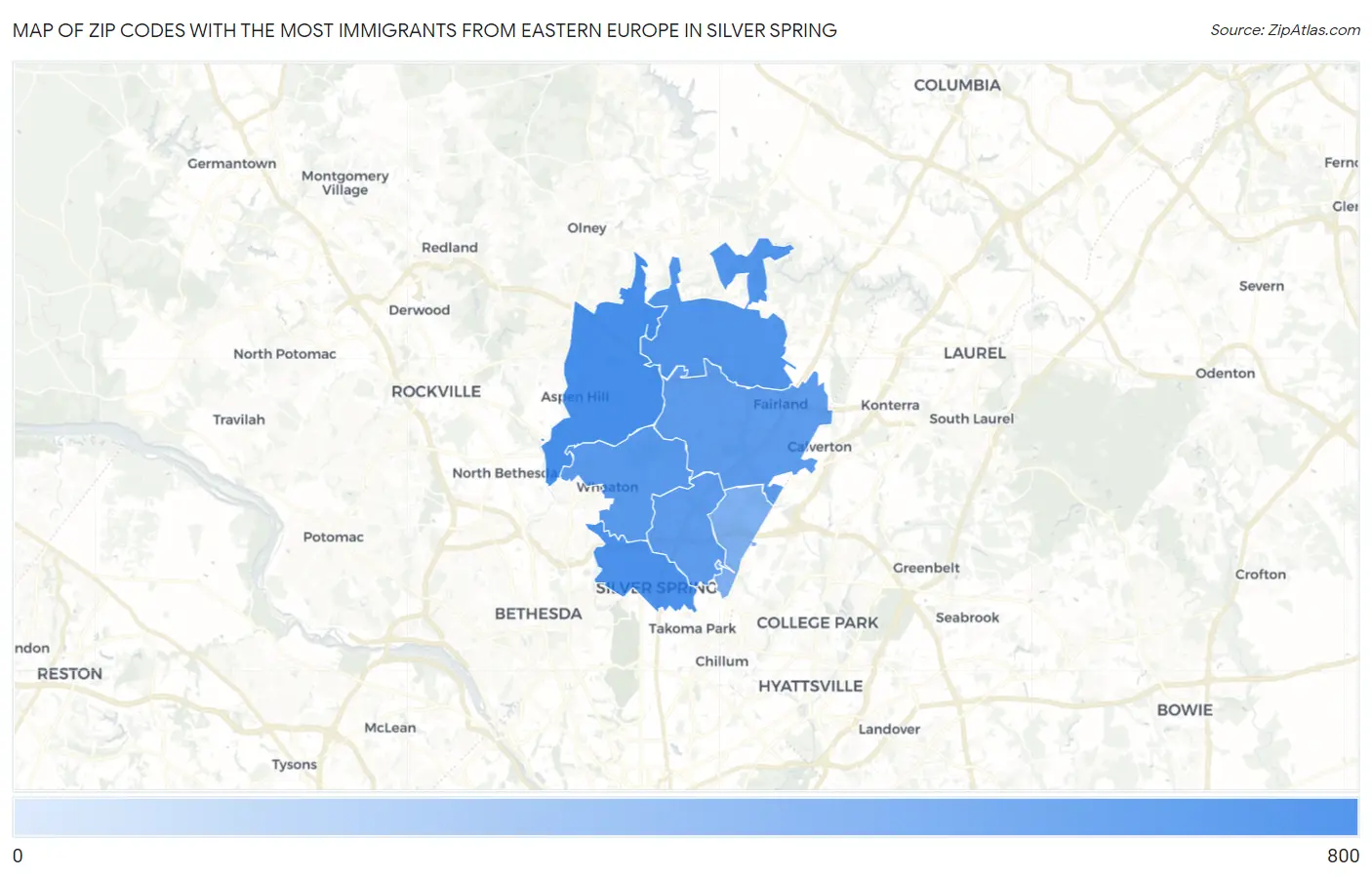 Zip Codes with the Most Immigrants from Eastern Europe in Silver Spring Map