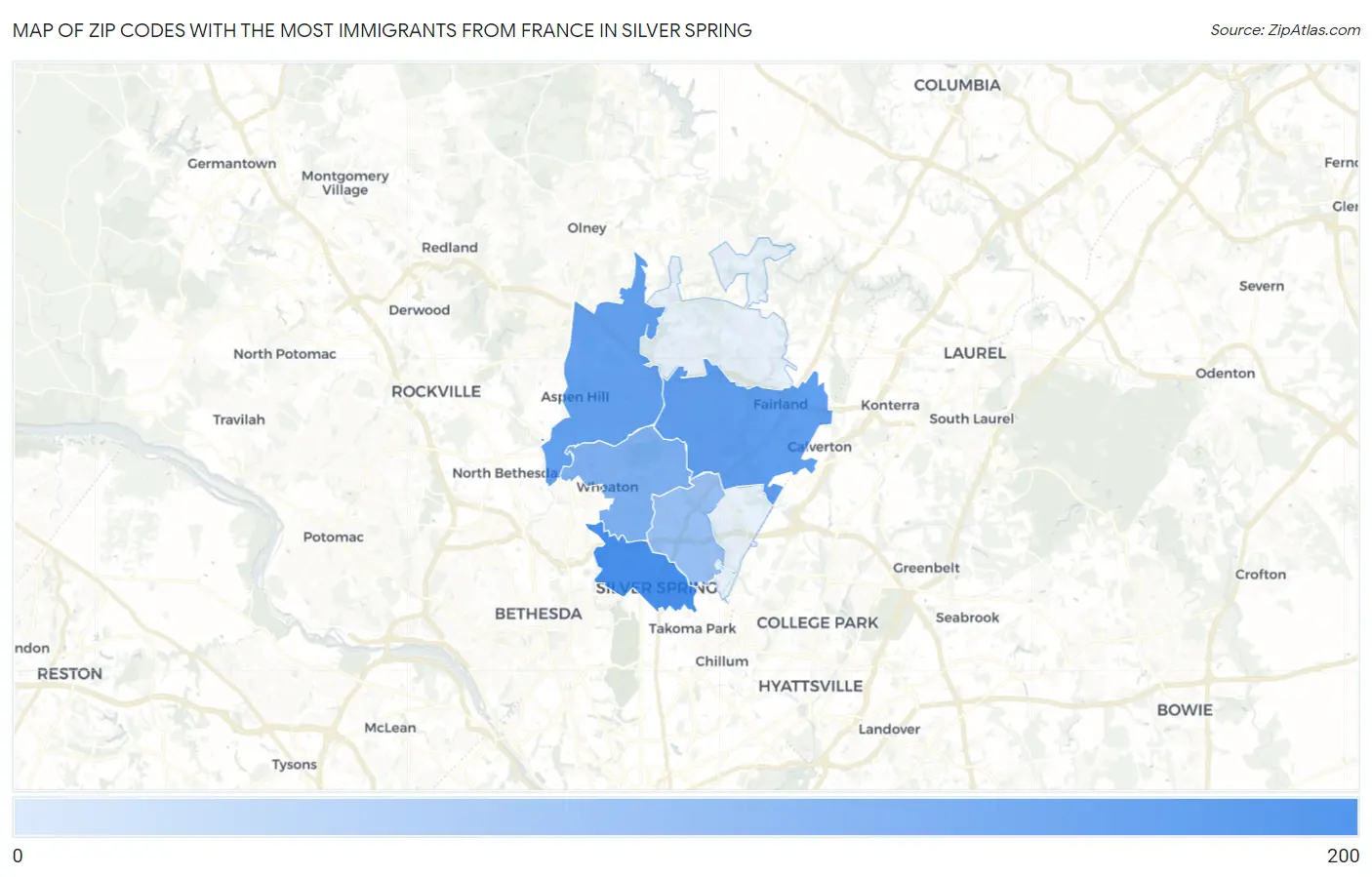 Zip Codes with the Most Immigrants from France in Silver Spring Map