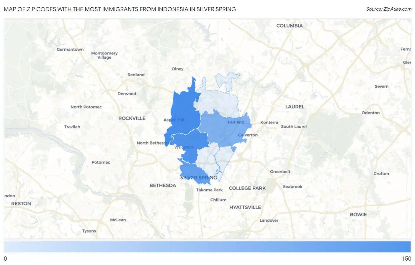 Zip Codes with the Most Immigrants from Indonesia in Silver Spring Map
