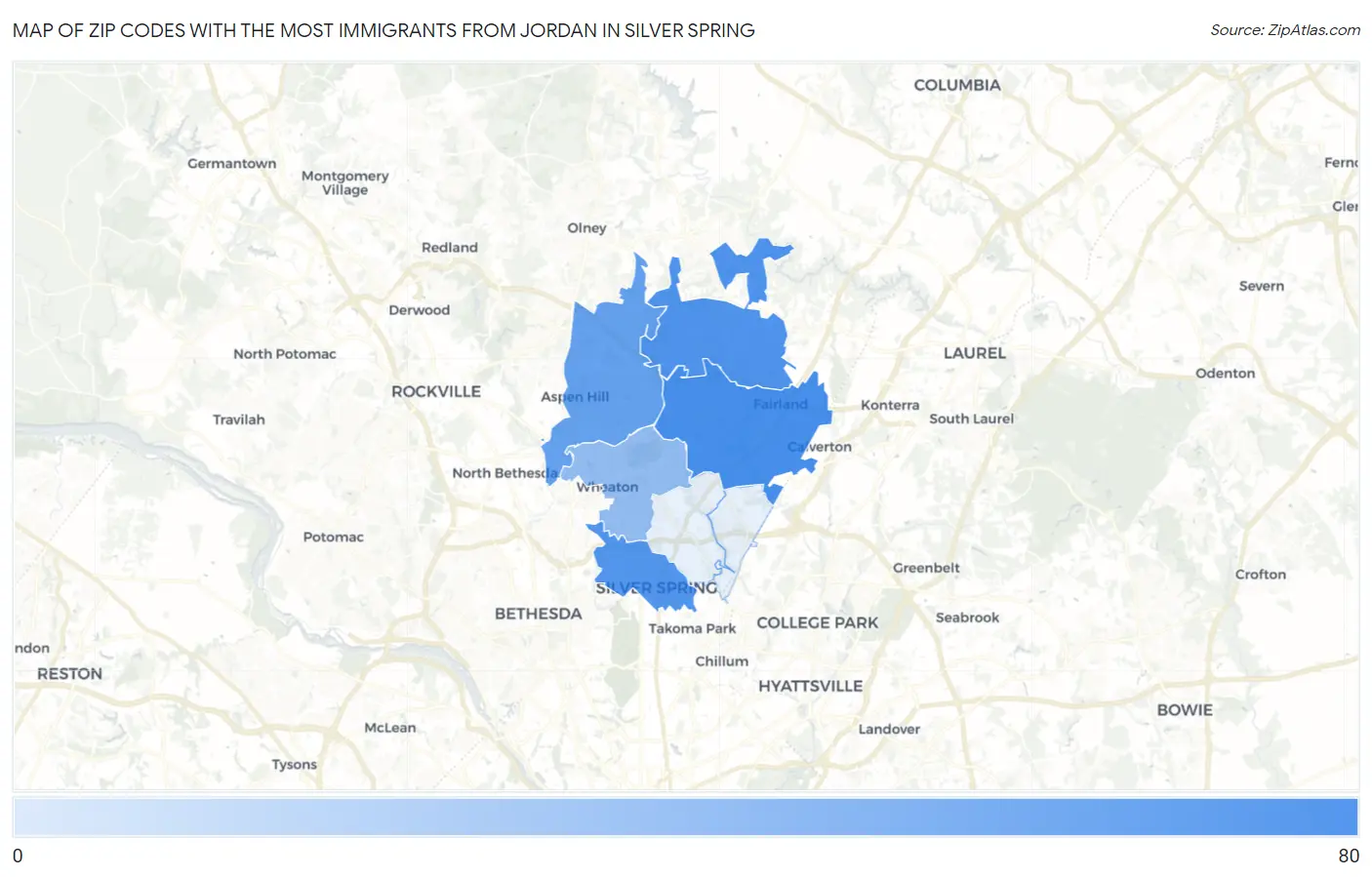 Zip Codes with the Most Immigrants from Jordan in Silver Spring Map