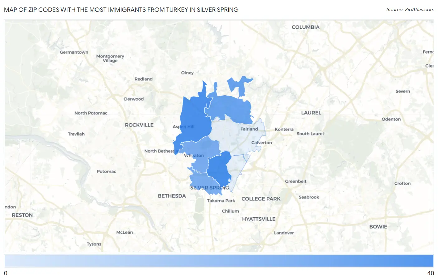 Zip Codes with the Most Immigrants from Turkey in Silver Spring Map