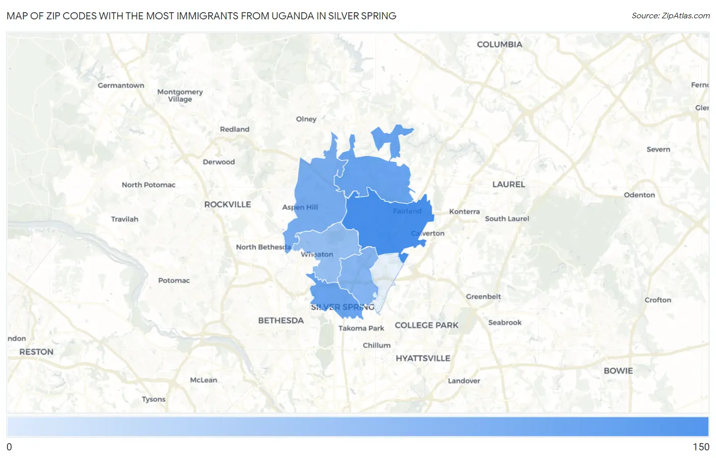 Zip Codes with the Most Immigrants from Uganda in Silver Spring Map