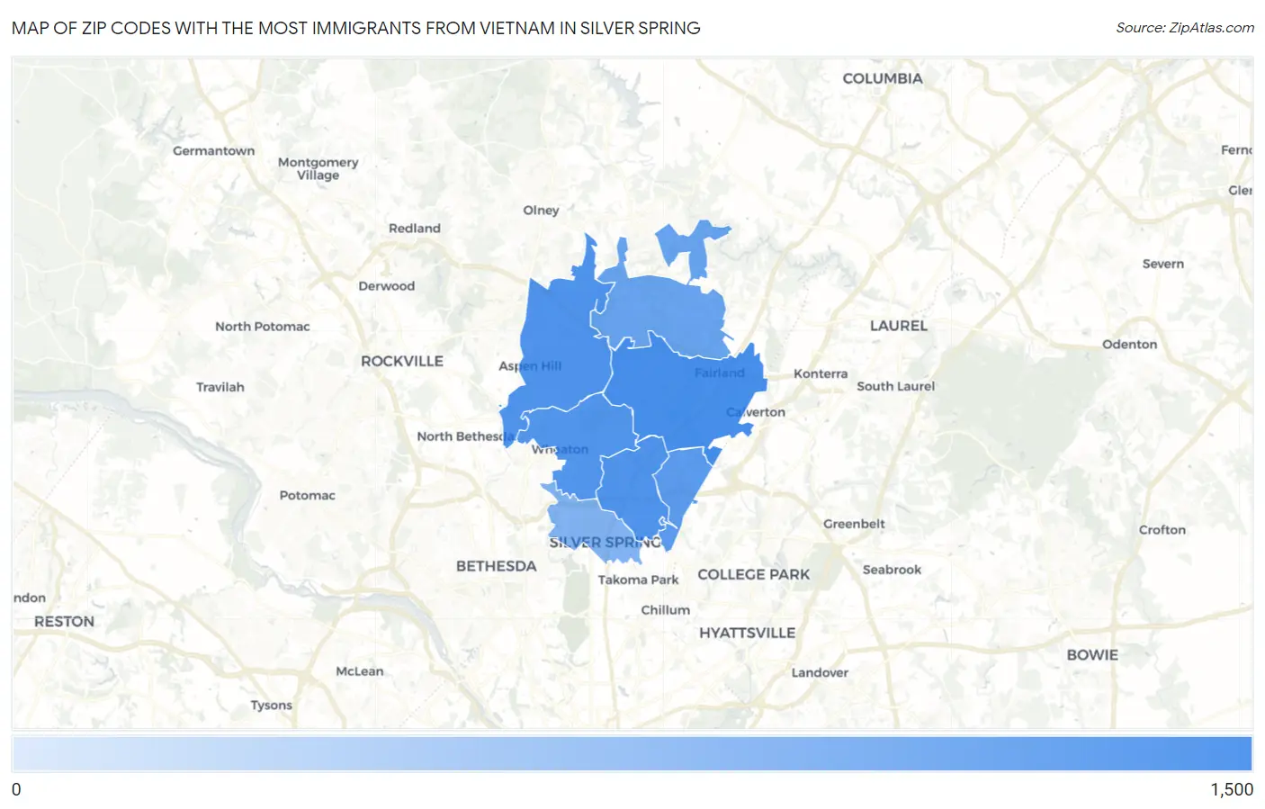 Zip Codes with the Most Immigrants from Vietnam in Silver Spring Map