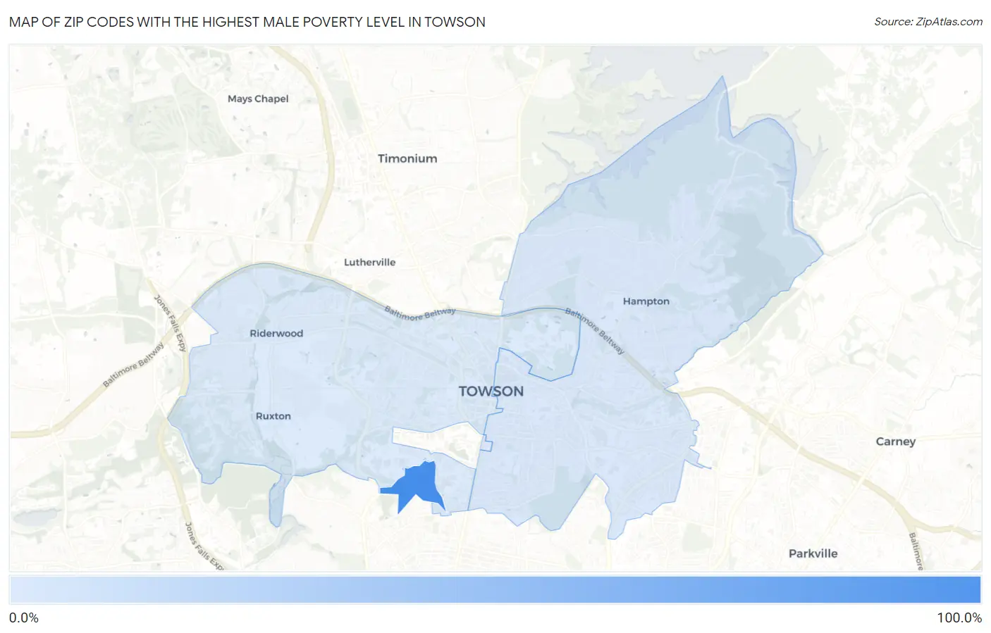 Zip Codes with the Highest Male Poverty Level in Towson Map