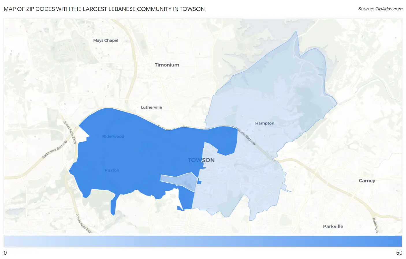 Zip Codes with the Largest Lebanese Community in Towson Map