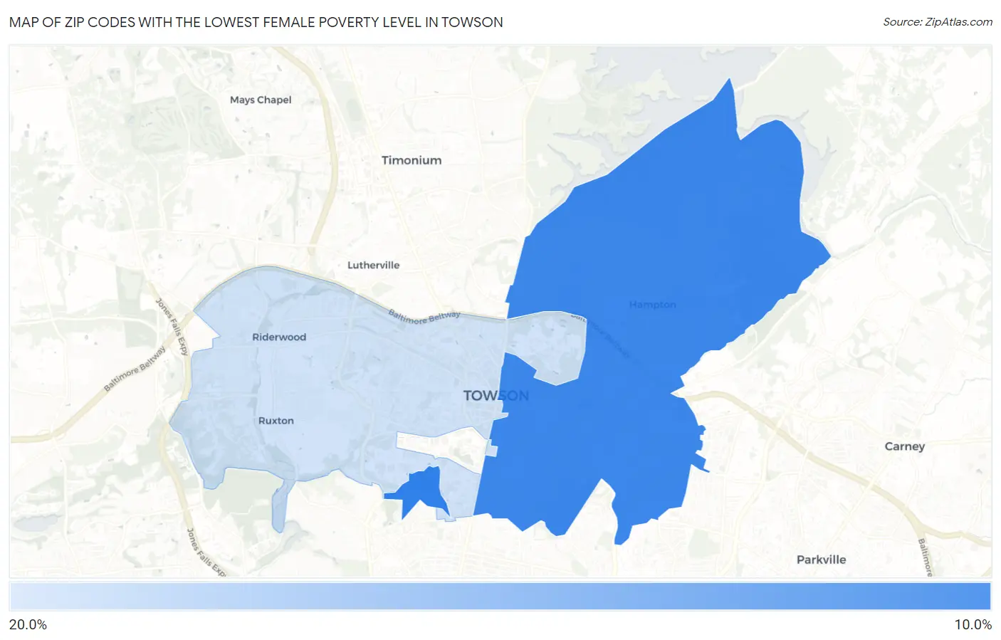 Zip Codes with the Lowest Female Poverty Level in Towson Map