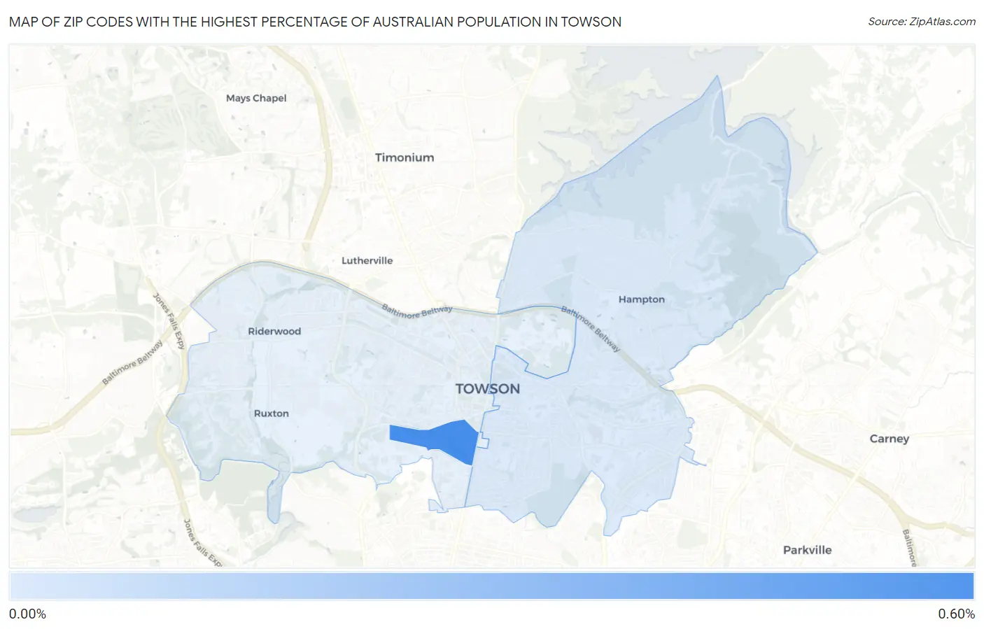 Zip Codes with the Highest Percentage of Australian Population in Towson Map