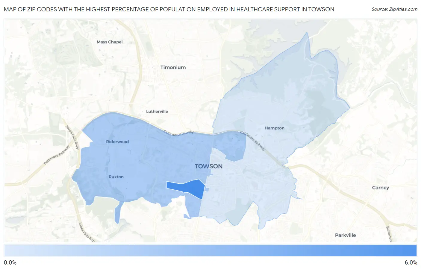 Zip Codes with the Highest Percentage of Population Employed in Healthcare Support in Towson Map