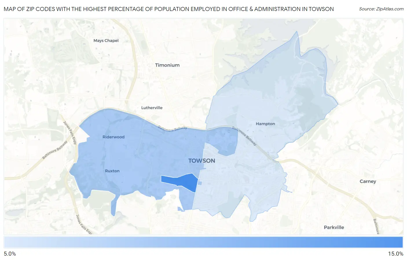 Zip Codes with the Highest Percentage of Population Employed in Office & Administration in Towson Map