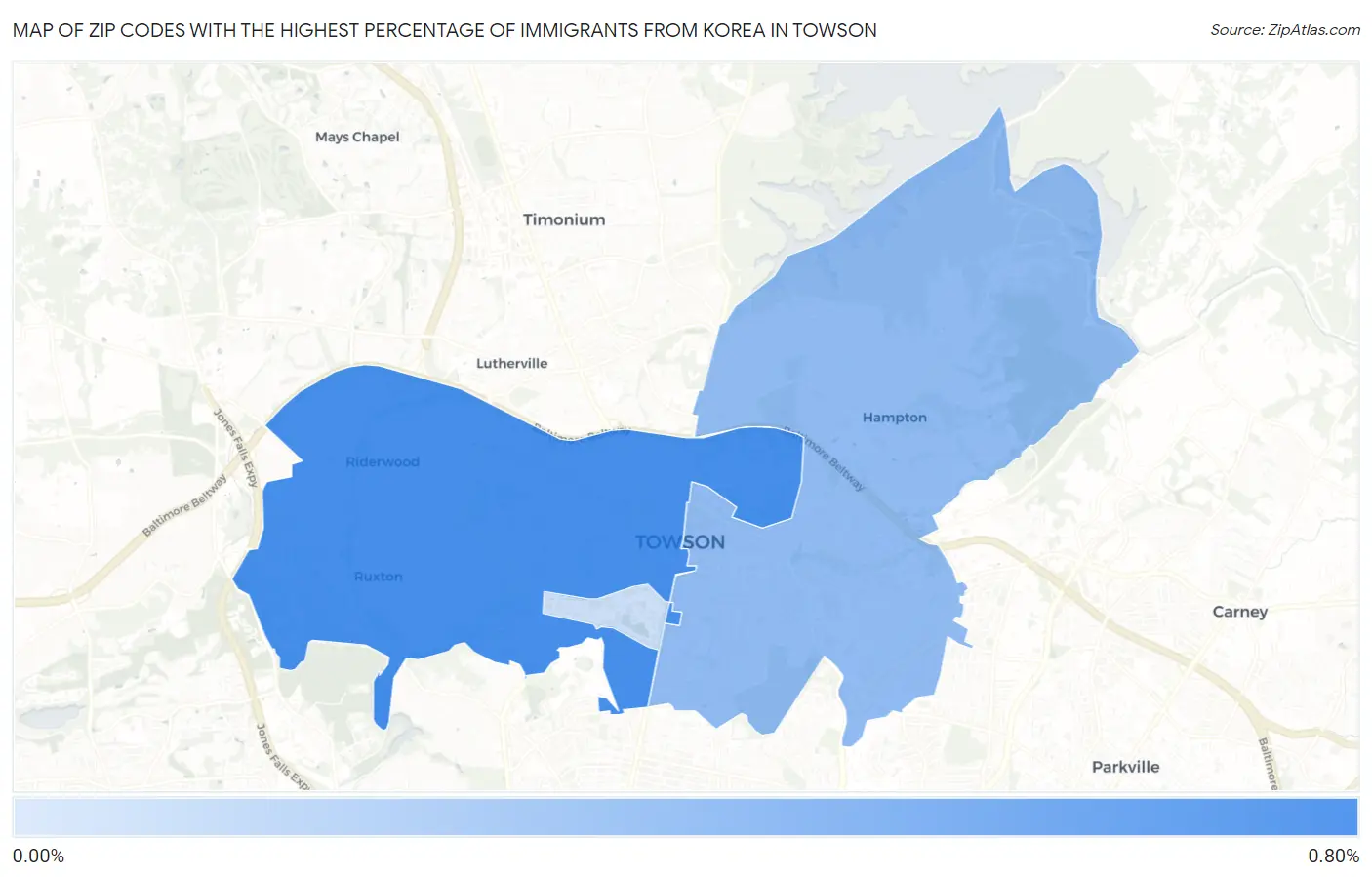Zip Codes with the Highest Percentage of Immigrants from Korea in Towson Map
