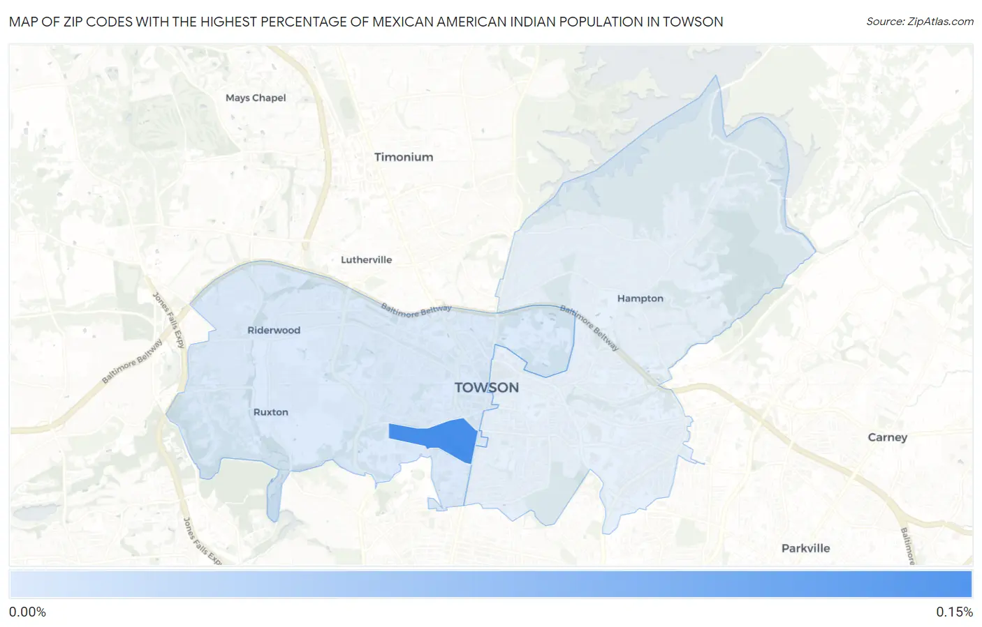 Zip Codes with the Highest Percentage of Mexican American Indian Population in Towson Map