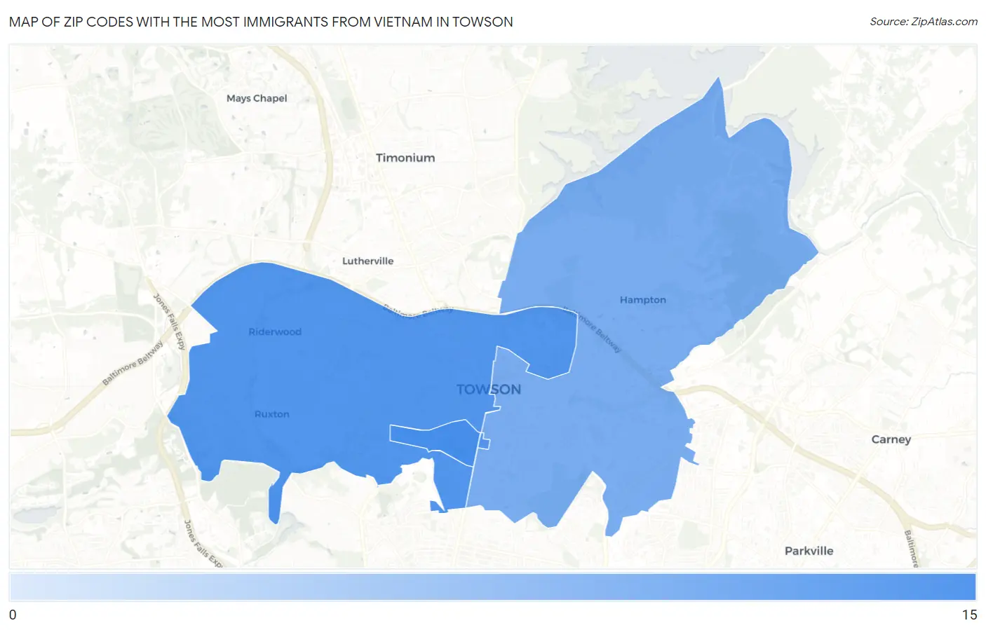Zip Codes with the Most Immigrants from Vietnam in Towson Map