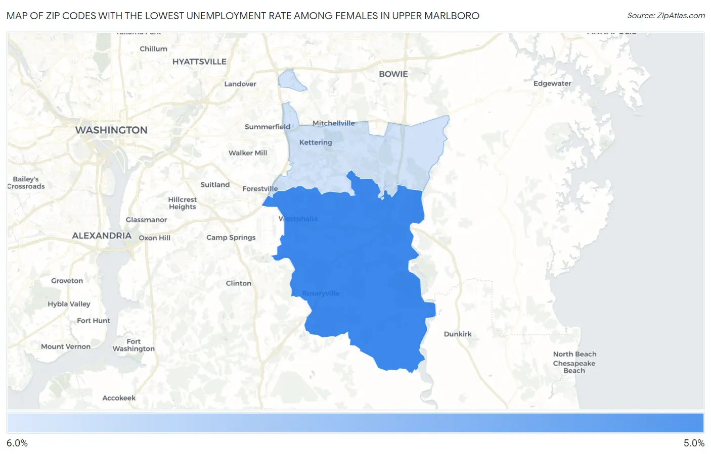 Zip Codes with the Lowest Unemployment Rate Among Females in Upper Marlboro Map