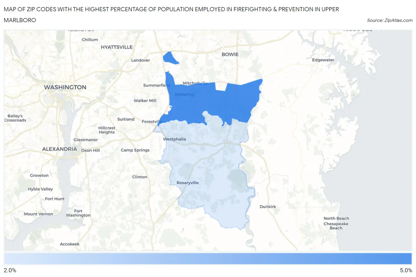 Zip Codes with the Highest Percentage of Population Employed in Firefighting & Prevention in Upper Marlboro Map