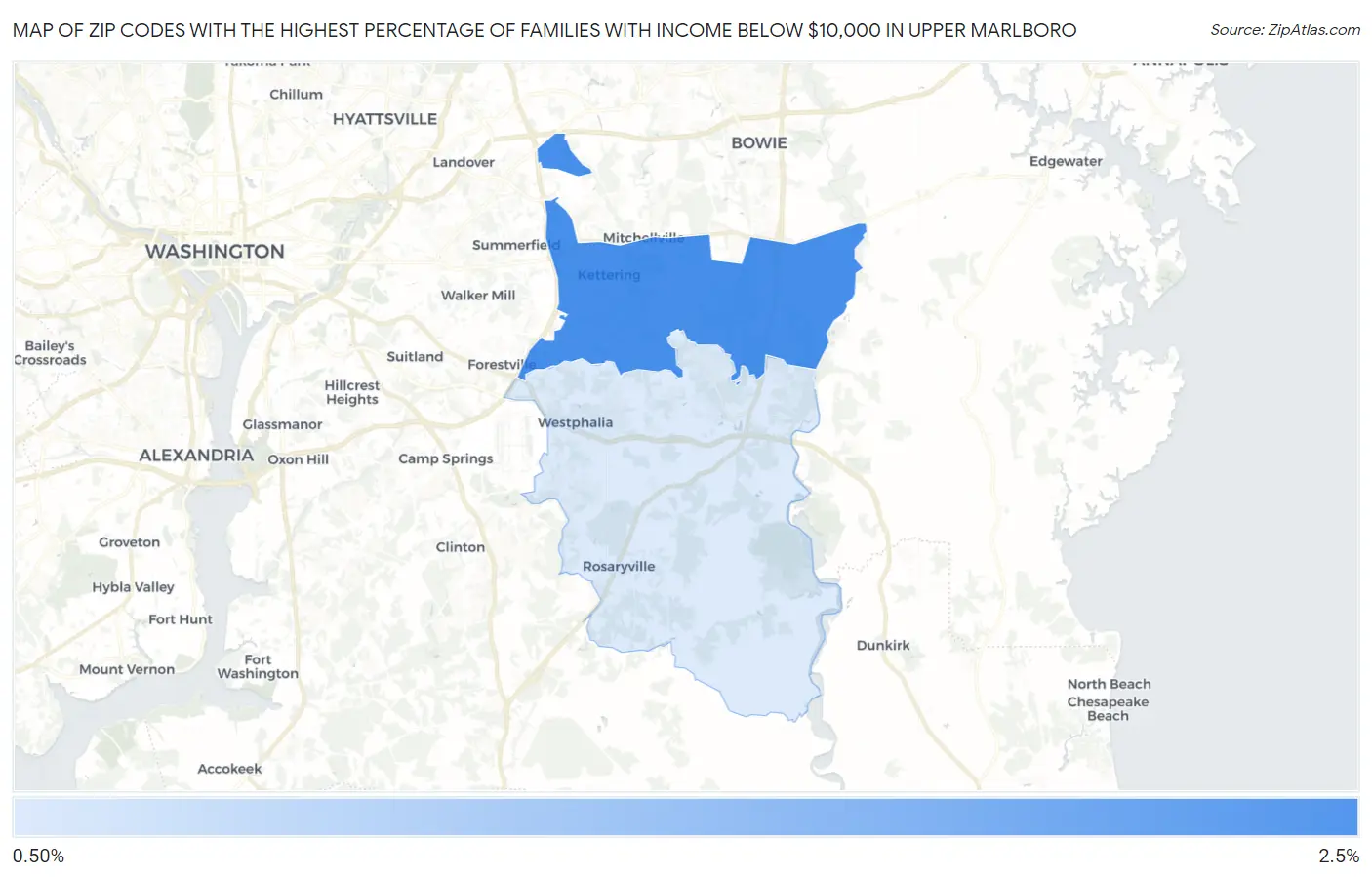 Zip Codes with the Highest Percentage of Families with Income Below $10,000 in Upper Marlboro Map