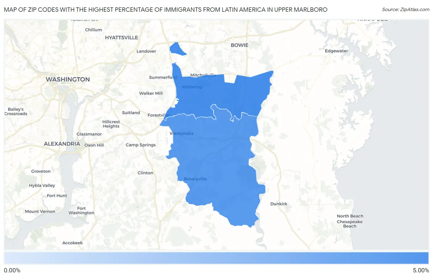 Zip Codes with the Highest Percentage of Immigrants from Latin America in Upper Marlboro Map
