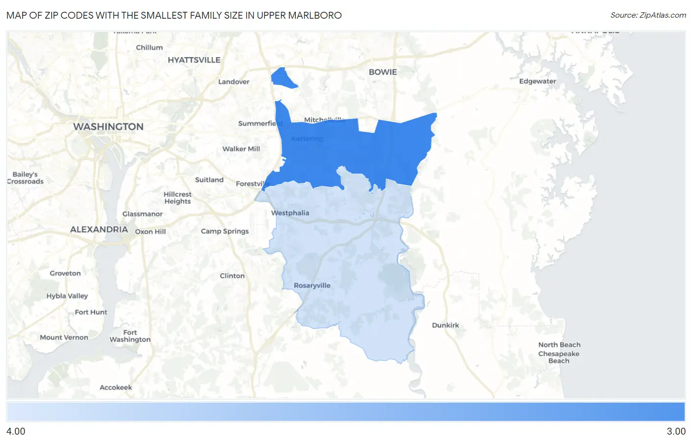 Zip Codes with the Smallest Family Size in Upper Marlboro Map