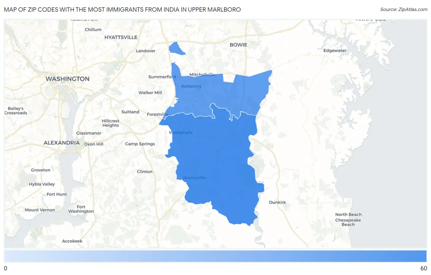 Zip Codes with the Most Immigrants from India in Upper Marlboro Map