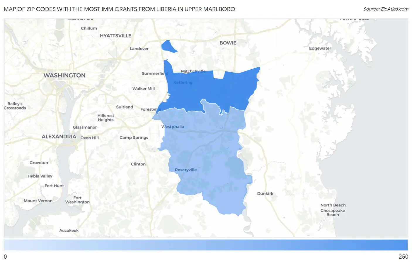 Zip Codes with the Most Immigrants from Liberia in Upper Marlboro Map