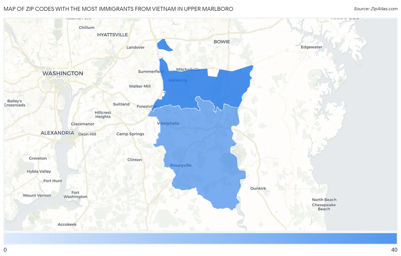 Zip Codes with the Most Immigrants from Vietnam in Upper Marlboro Map