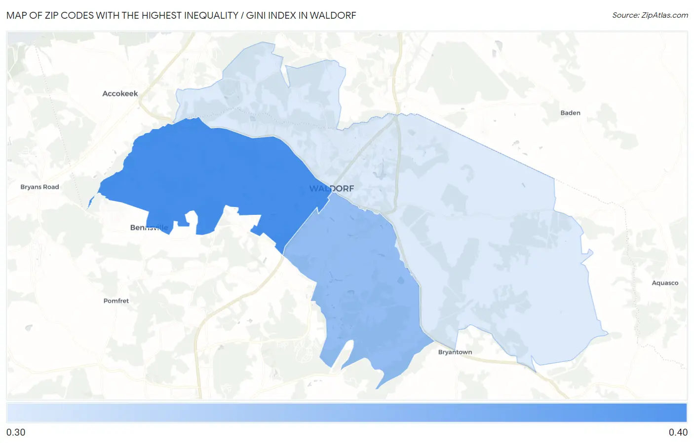 Zip Codes with the Highest Inequality / Gini Index in Waldorf Map