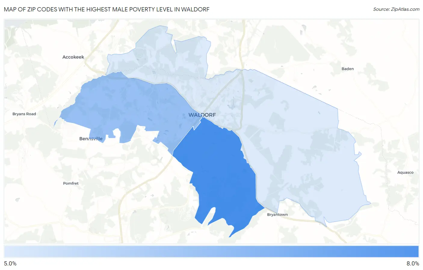Zip Codes with the Highest Male Poverty Level in Waldorf Map