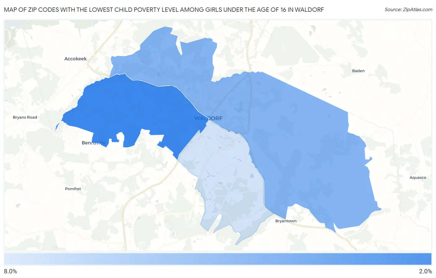 Zip Codes with the Lowest Child Poverty Level Among Girls Under the Age of 16 in Waldorf Map