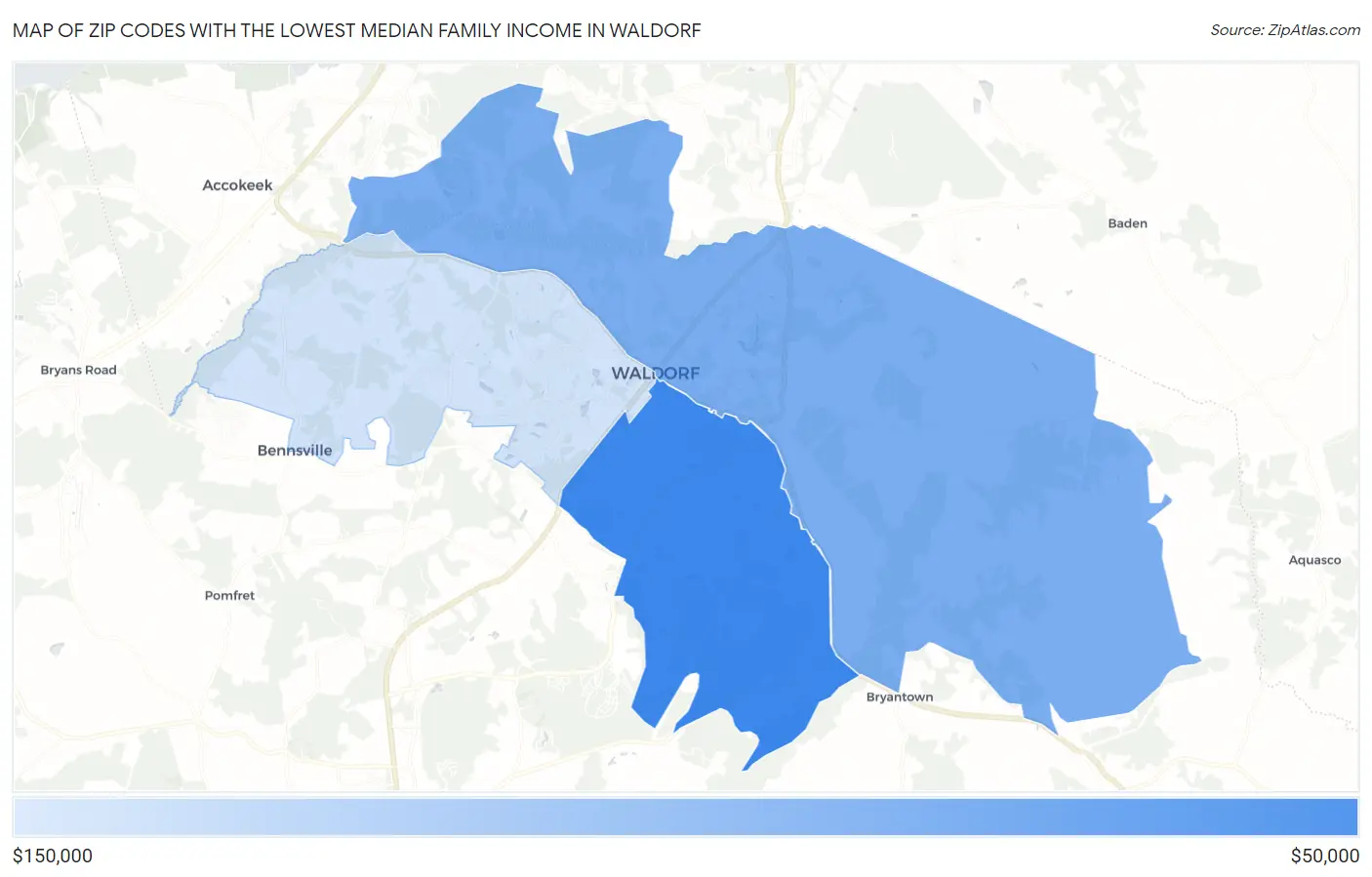 Zip Codes with the Lowest Median Family Income in Waldorf Map