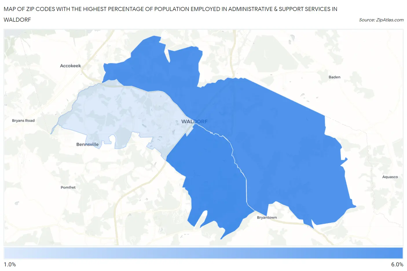 Zip Codes with the Highest Percentage of Population Employed in Administrative & Support Services in Waldorf Map