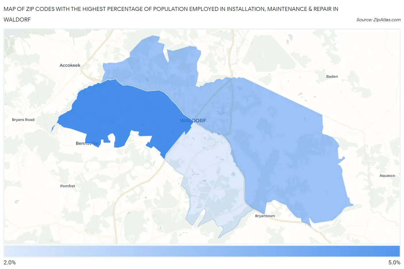 Zip Codes with the Highest Percentage of Population Employed in Installation, Maintenance & Repair in Waldorf Map