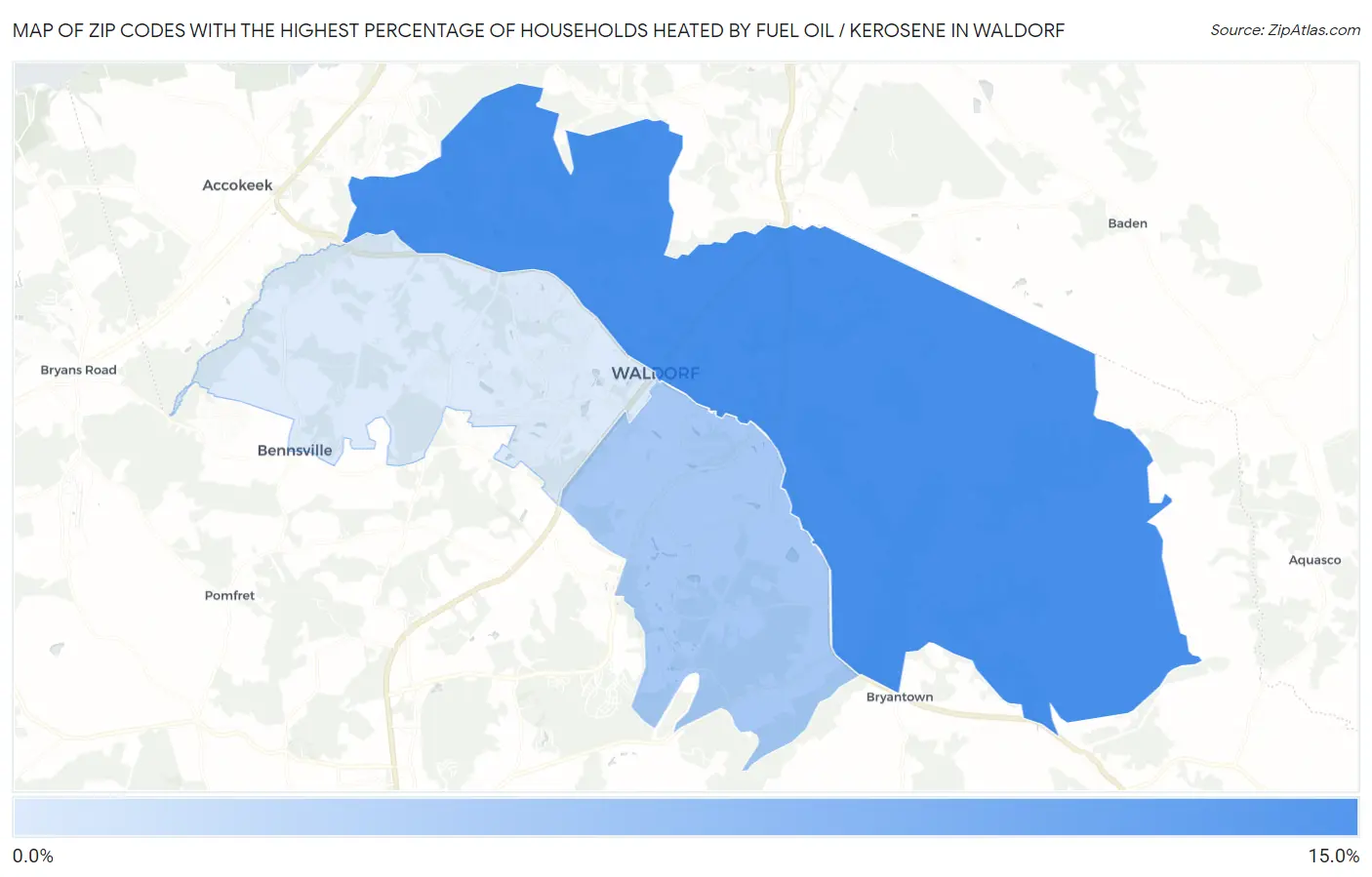 Zip Codes with the Highest Percentage of Households Heated by Fuel Oil / Kerosene in Waldorf Map