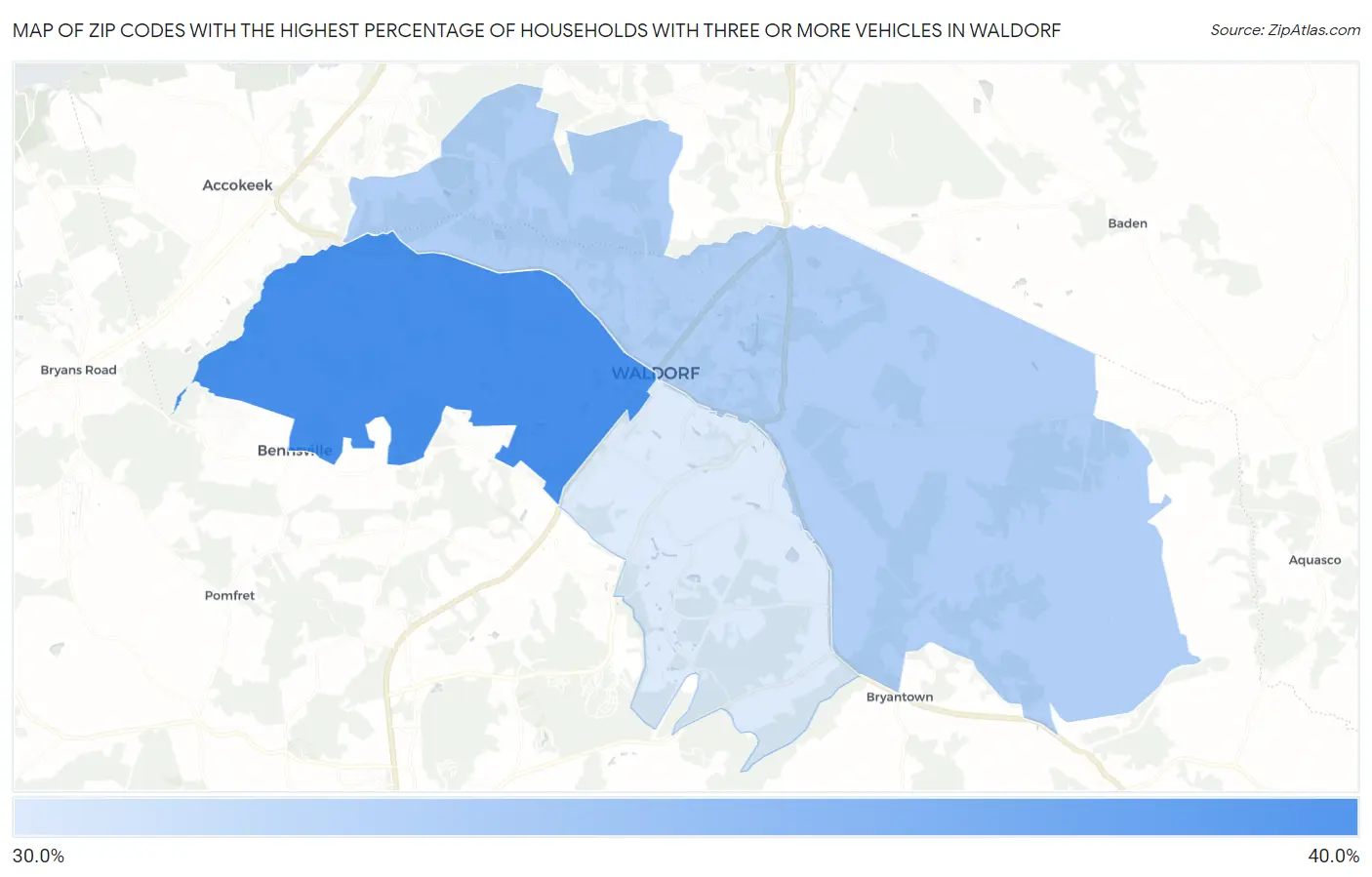 Zip Codes with the Highest Percentage of Households With Three or more Vehicles in Waldorf Map