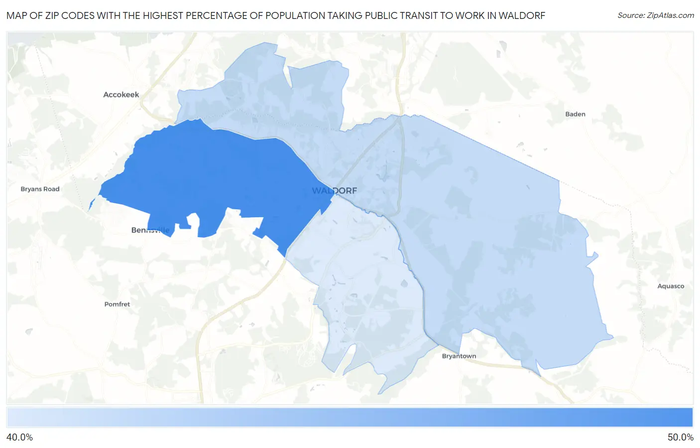Zip Codes with the Highest Percentage of Population Taking Public Transit to Work in Waldorf Map