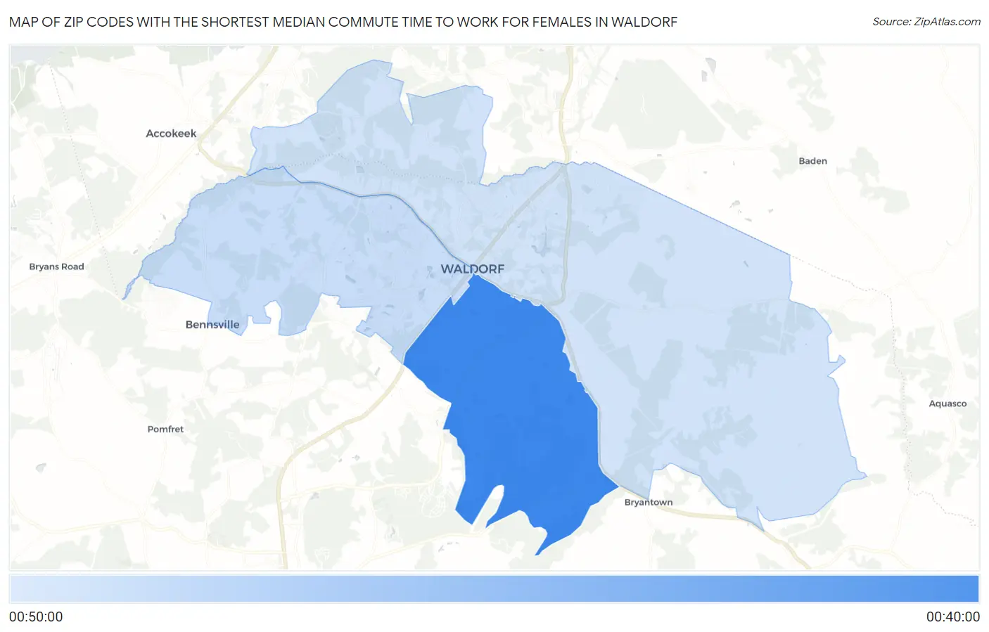 Zip Codes with the Shortest Median Commute Time to Work for Females in Waldorf Map