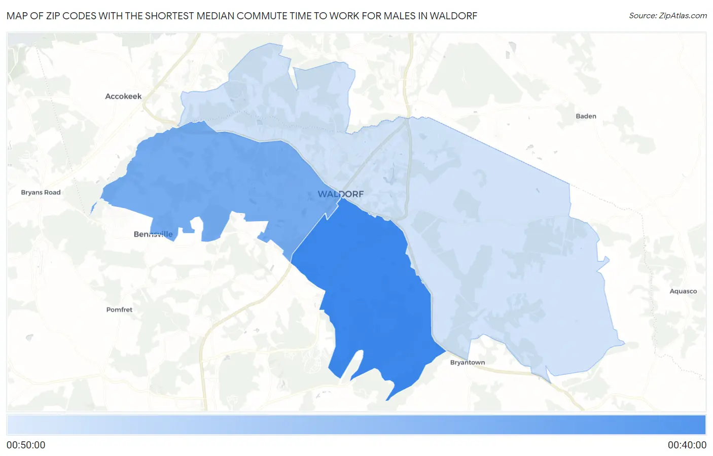 Zip Codes with the Shortest Median Commute Time to Work for Males in Waldorf Map